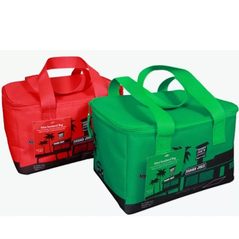 NWT Trader Joe's Mini Insulated Cooler Tote Bag in Emerald Green & Red Set of 2